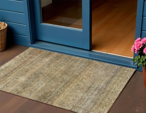 8' X 10' Wheat And Brown Striped Washable Indoor Outdoor Area Rug