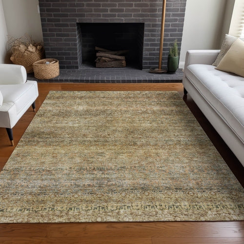 8' X 10' Wheat And Brown Striped Washable Indoor Outdoor Area Rug