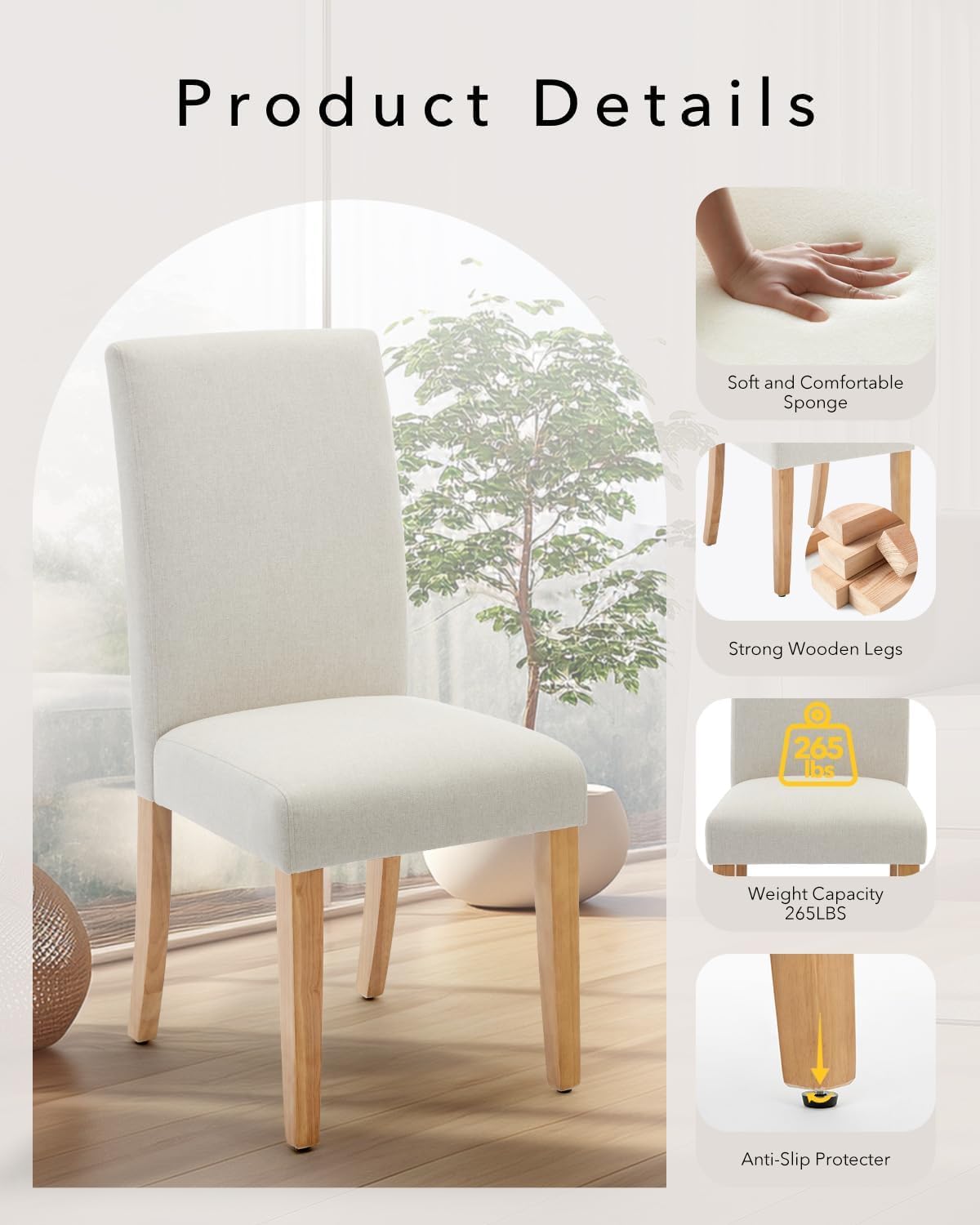 Attracoast Upholstered Dining Chairs Parsons Chair Set of 2, Dining Chair with Wood Legs,Fabric Side Chair for Dining Room,Kitchen,Restaurant,Living Room,Beige