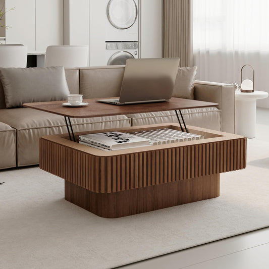 38.6" Square Lift Top Coffee Table, Modern Fluted Tea Table with Hidden Storage for Living Room, Apartment or Office, Walnut